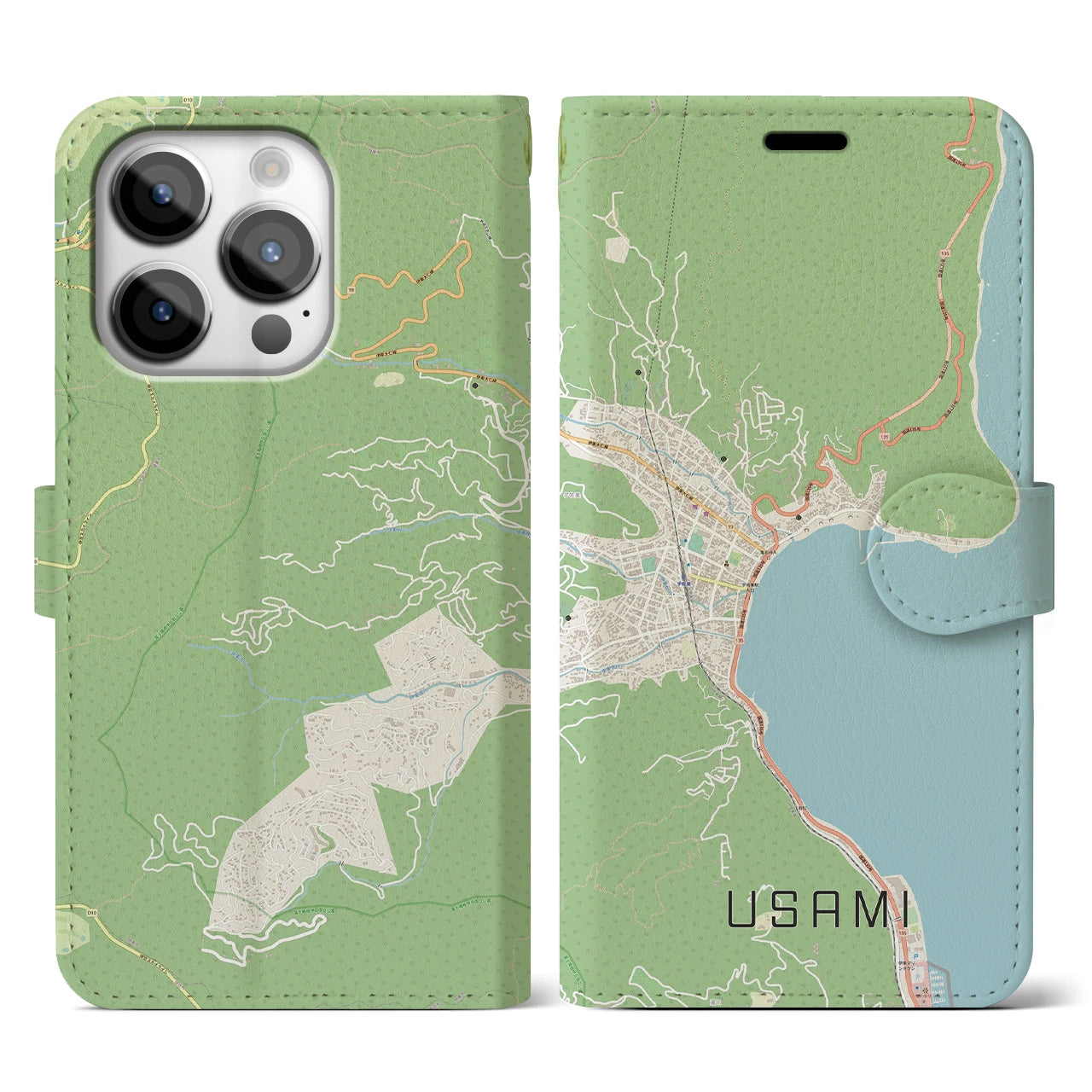 【宇佐美】地図柄iPhoneケース（手帳両面タイプ・ナチュラル）iPhone 14 Pro 用