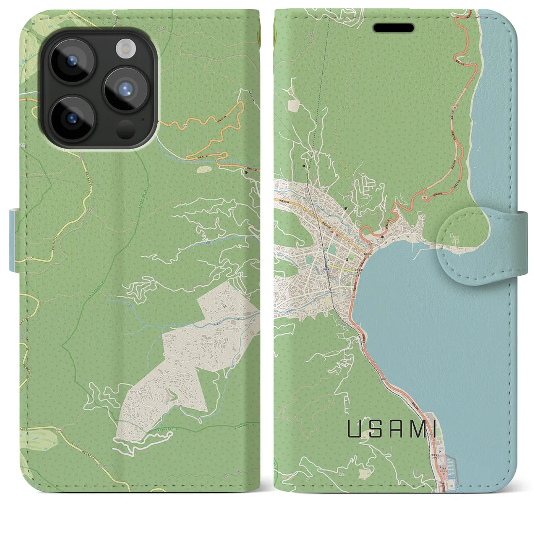 【宇佐美】地図柄iPhoneケース（手帳両面タイプ・ナチュラル）iPhone 15 Pro Max 用