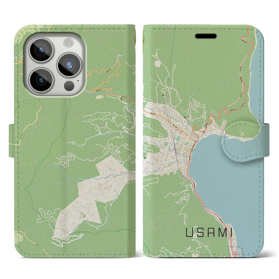 【宇佐美】地図柄iPhoneケース（手帳両面タイプ・ナチュラル）iPhone 15 Pro 用