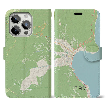 【宇佐美（静岡県）】地図柄iPhoneケース（手帳タイプ）ナチュラル・iPhone 15 Pro 用