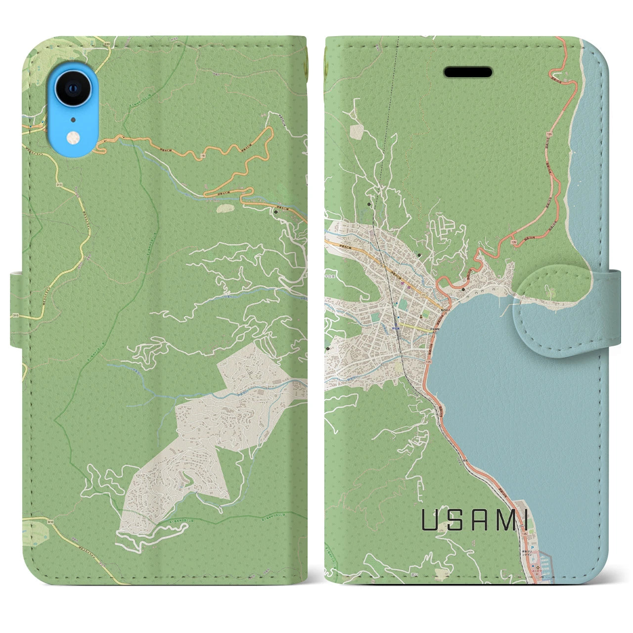 【宇佐美】地図柄iPhoneケース（手帳両面タイプ・ナチュラル）iPhone XR 用