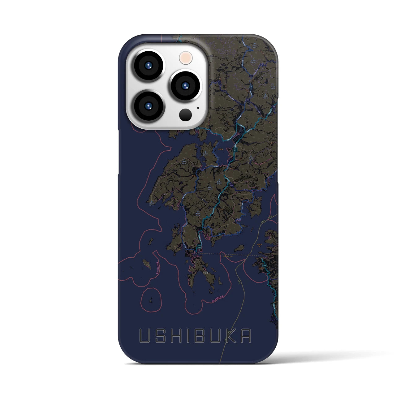 【牛深】地図柄iPhoneケース（バックカバータイプ・ブラック）iPhone 13 Pro 用