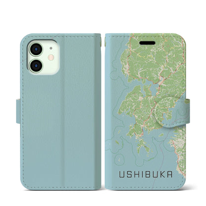 【牛深（熊本県）】地図柄iPhoneケース（手帳タイプ）ナチュラル・iPhone 12 mini 用