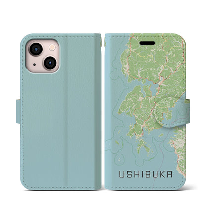 【牛深（熊本県）】地図柄iPhoneケース（手帳タイプ）ナチュラル・iPhone 13 mini 用