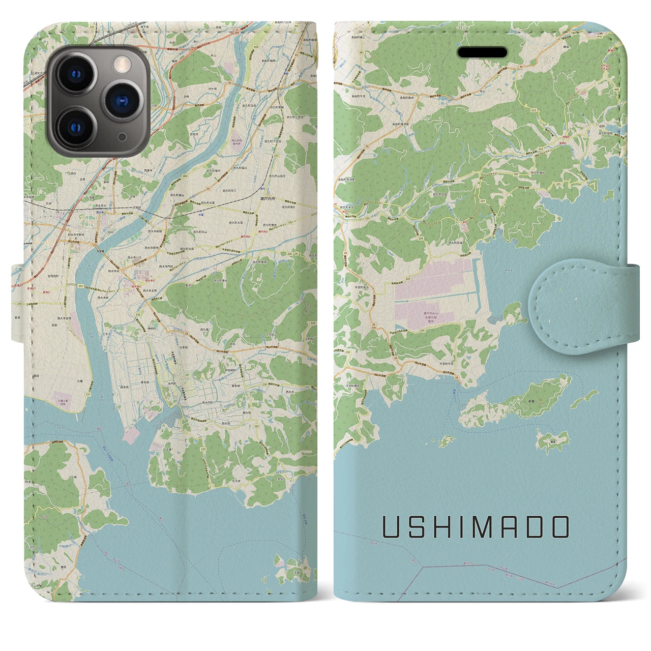 【牛窓】地図柄iPhoneケース（手帳両面タイプ・ナチュラル）iPhone 11 Pro Max 用