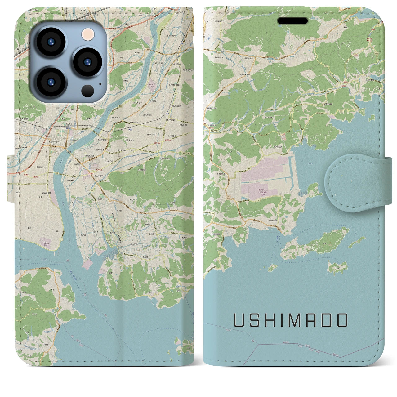 【牛窓】地図柄iPhoneケース（手帳両面タイプ・ナチュラル）iPhone 13 Pro Max 用