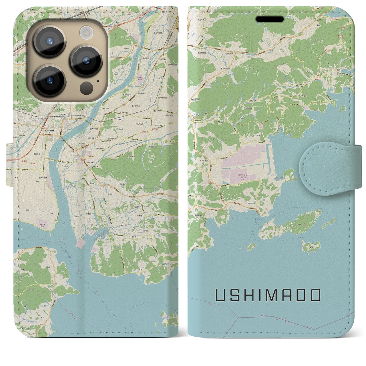 【牛窓】地図柄iPhoneケース（手帳両面タイプ・ナチュラル）iPhone 14 Pro Max 用