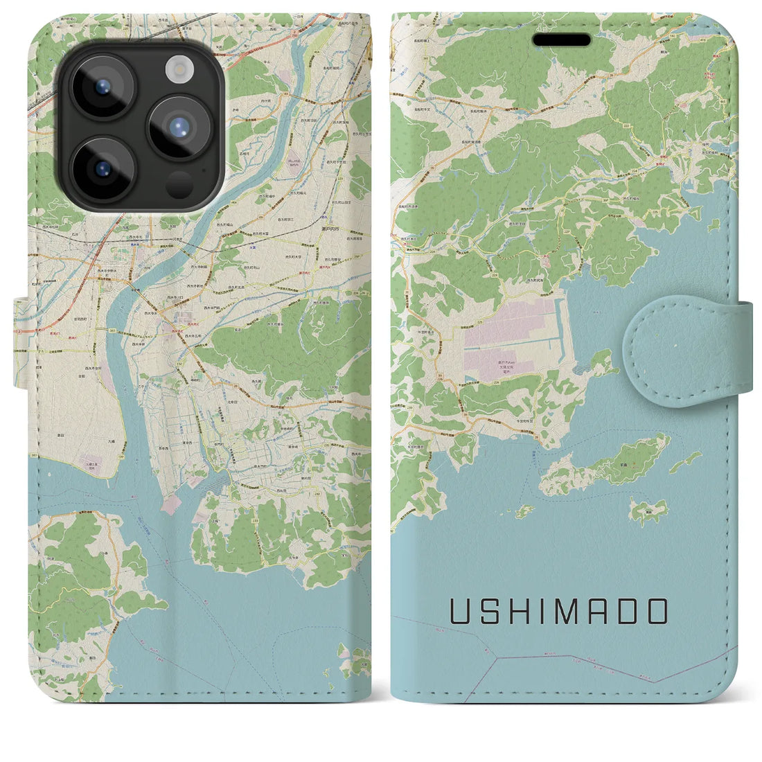 【牛窓】地図柄iPhoneケース（手帳両面タイプ・ナチュラル）iPhone 15 Pro Max 用