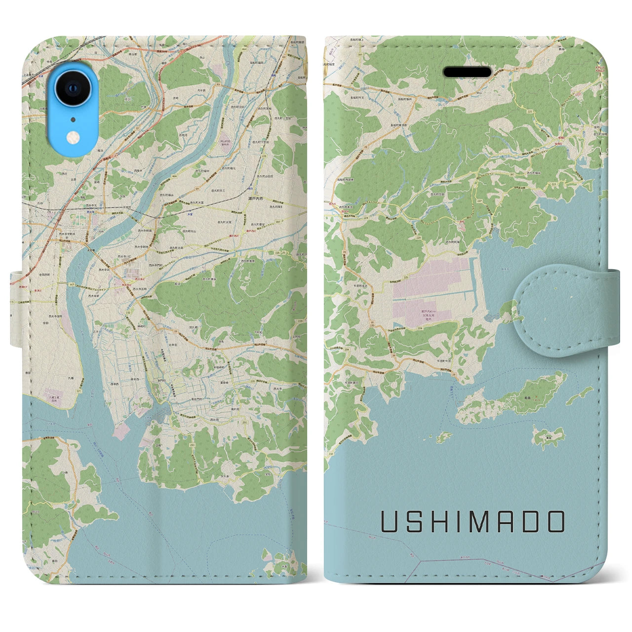 【牛窓】地図柄iPhoneケース（手帳両面タイプ・ナチュラル）iPhone XR 用