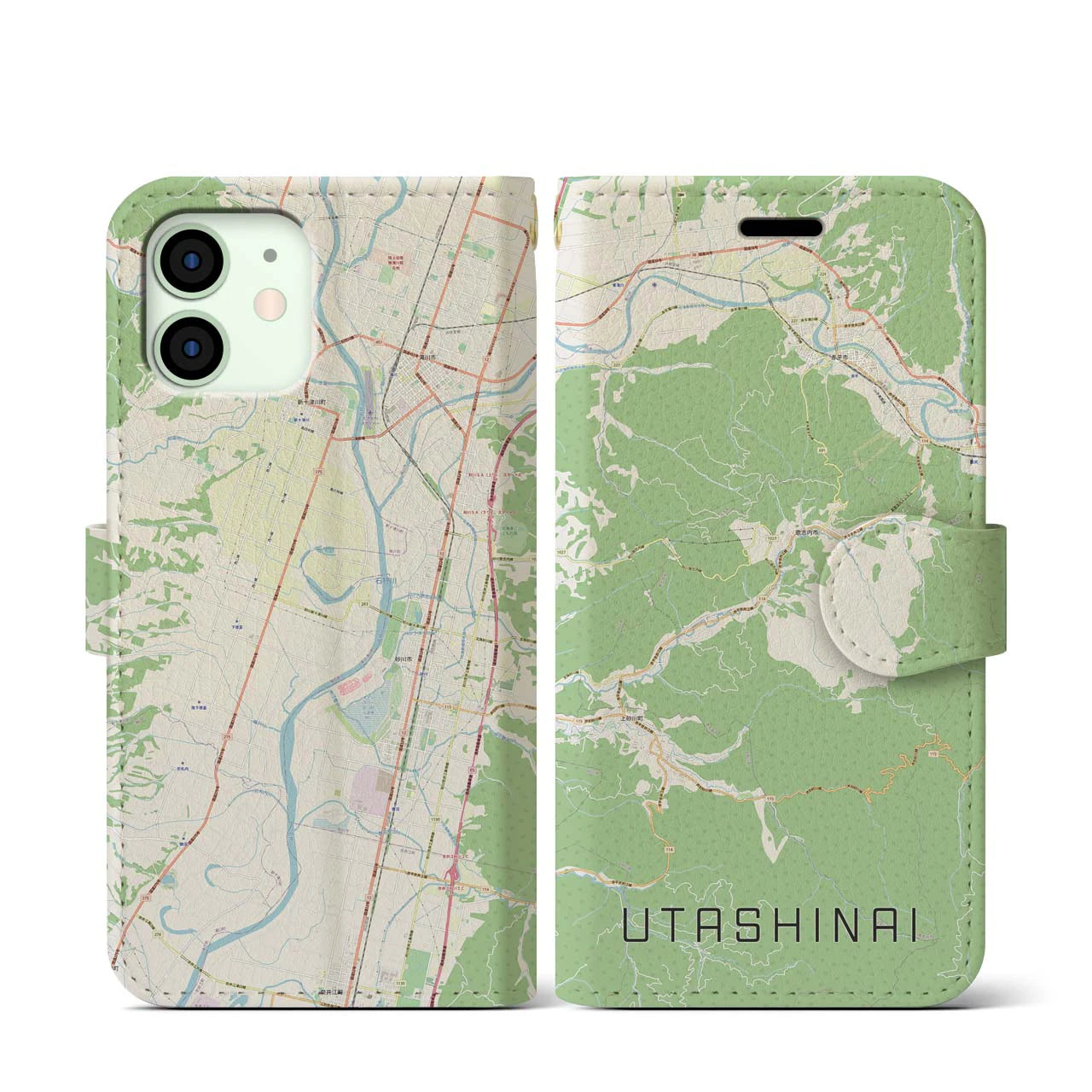 【歌志内】地図柄iPhoneケース（手帳両面タイプ・ナチュラル）iPhone 12 mini 用