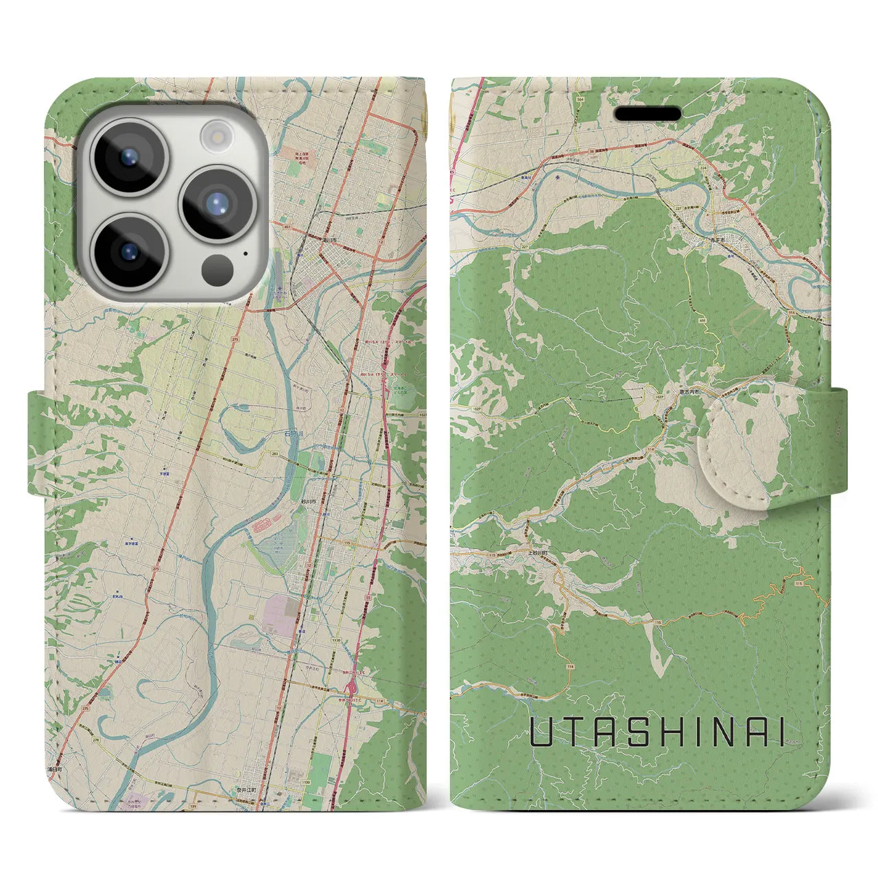 【歌志内】地図柄iPhoneケース（手帳両面タイプ・ナチュラル）iPhone 15 Pro 用