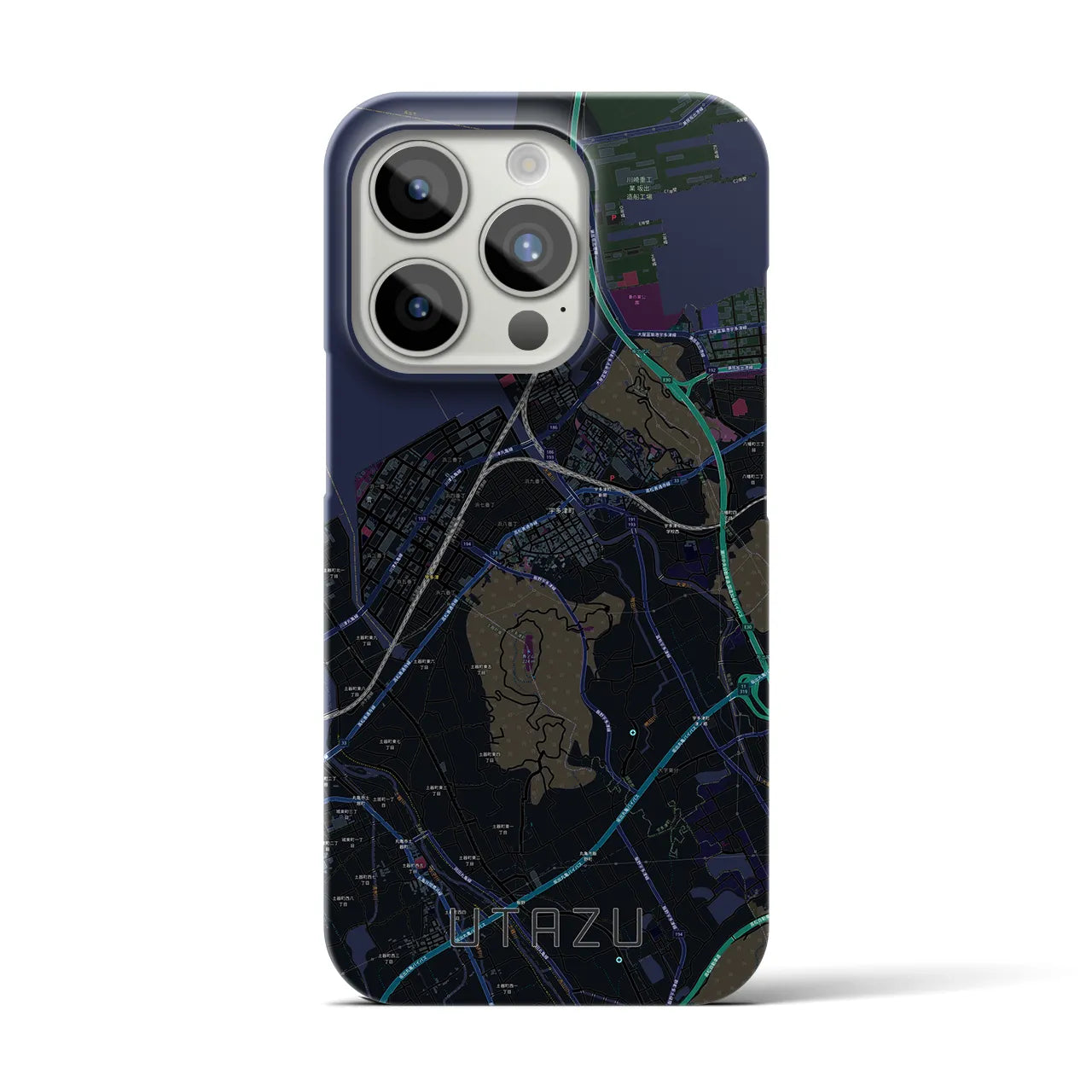 【宇多津】地図柄iPhoneケース（バックカバータイプ・ブラック）iPhone 15 Pro 用