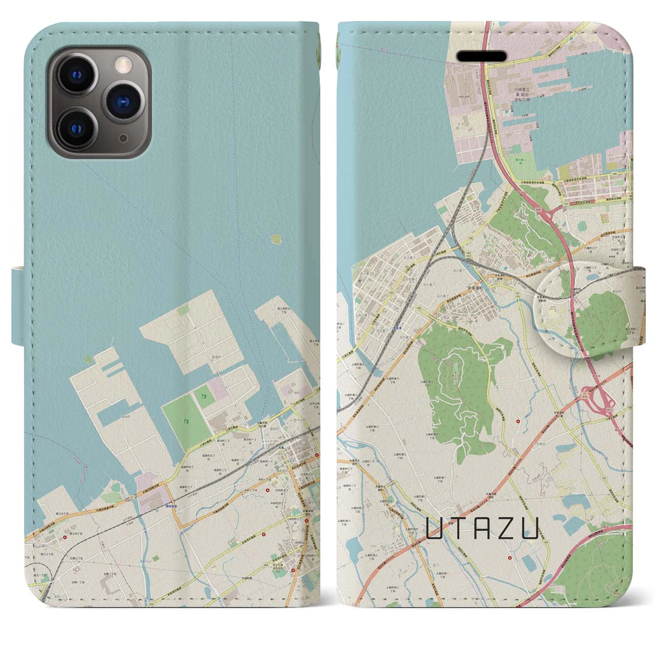 【宇多津】地図柄iPhoneケース（手帳両面タイプ・ナチュラル）iPhone 11 Pro Max 用