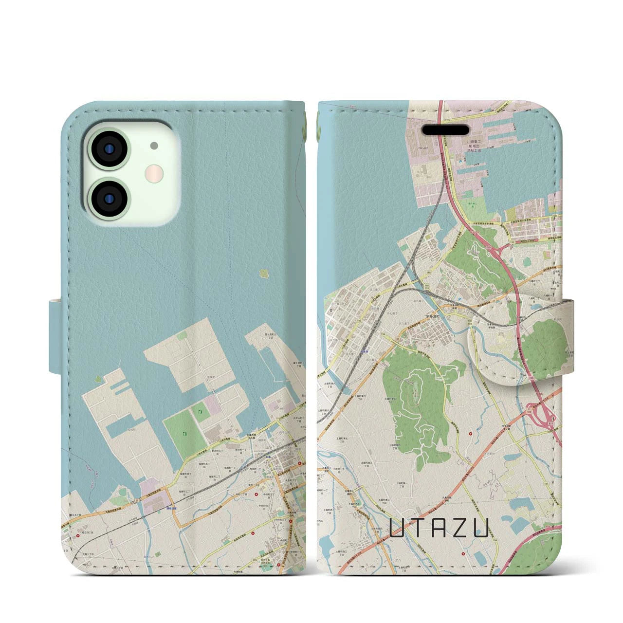 【宇多津】地図柄iPhoneケース（手帳両面タイプ・ナチュラル）iPhone 12 mini 用