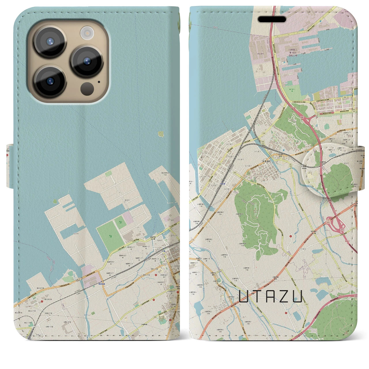 【宇多津】地図柄iPhoneケース（手帳両面タイプ・ナチュラル）iPhone 14 Pro Max 用