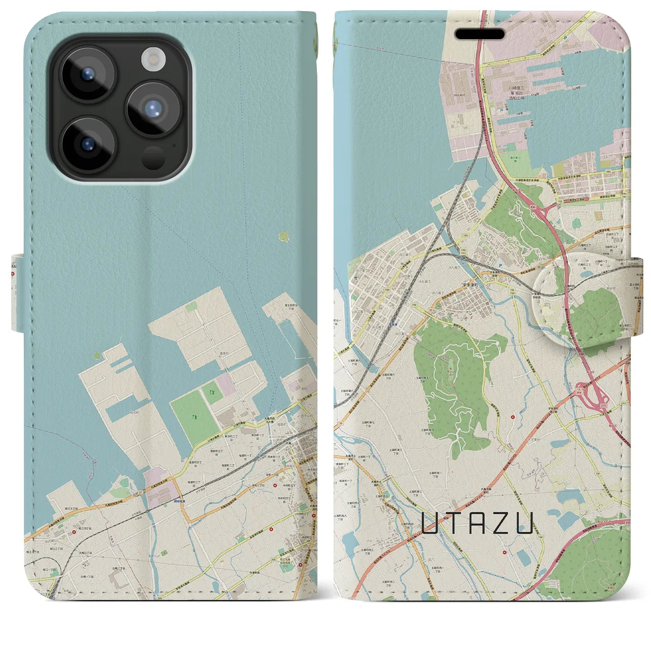 【宇多津】地図柄iPhoneケース（手帳両面タイプ・ナチュラル）iPhone 15 Pro Max 用