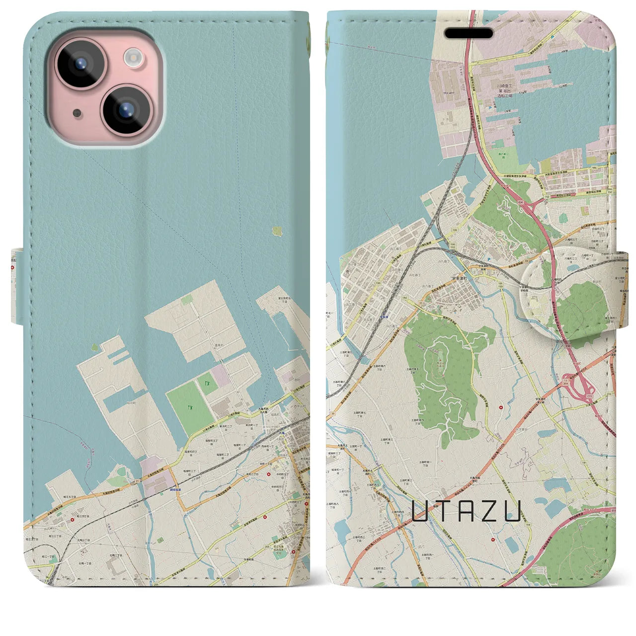 【宇多津】地図柄iPhoneケース（手帳両面タイプ・ナチュラル）iPhone 15 Plus 用