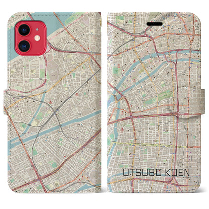 【靱公園（大阪府）】地図柄iPhoneケース（手帳タイプ）ナチュラル・iPhone 11 用
