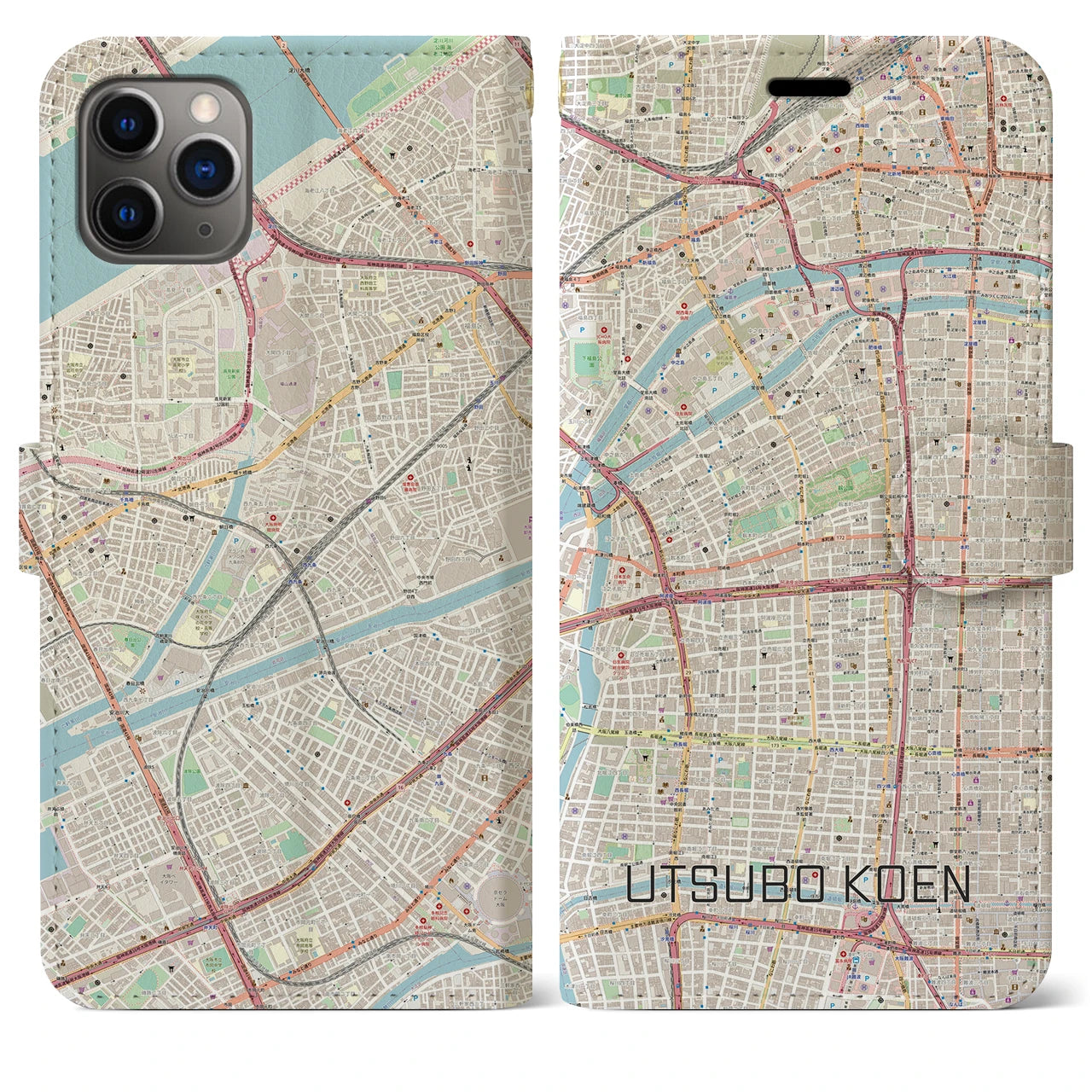 【靱公園（大阪府）】地図柄iPhoneケース（手帳タイプ）ナチュラル・iPhone 11 Pro Max 用
