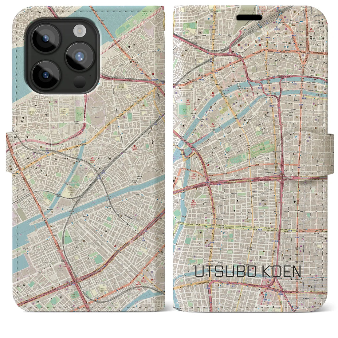 【靱公園】地図柄iPhoneケース（手帳両面タイプ・ナチュラル）iPhone 15 Pro Max 用