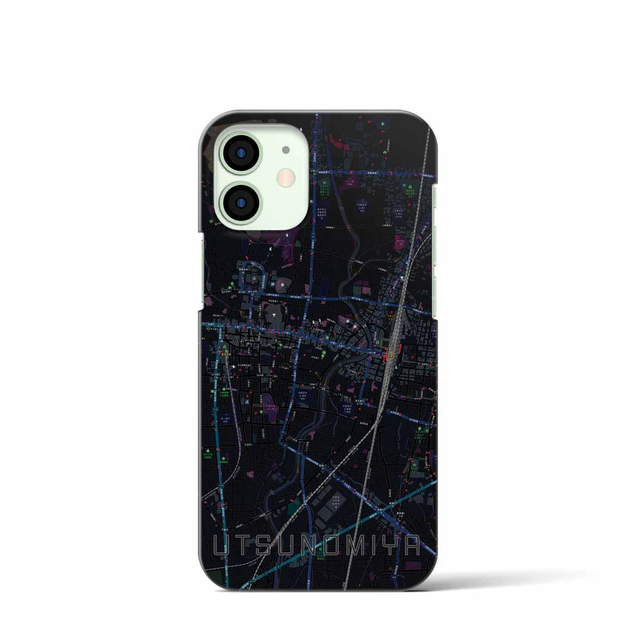 【宇都宮】地図柄iPhoneケース（バックカバータイプ・ブラック）iPhone 12 mini 用
