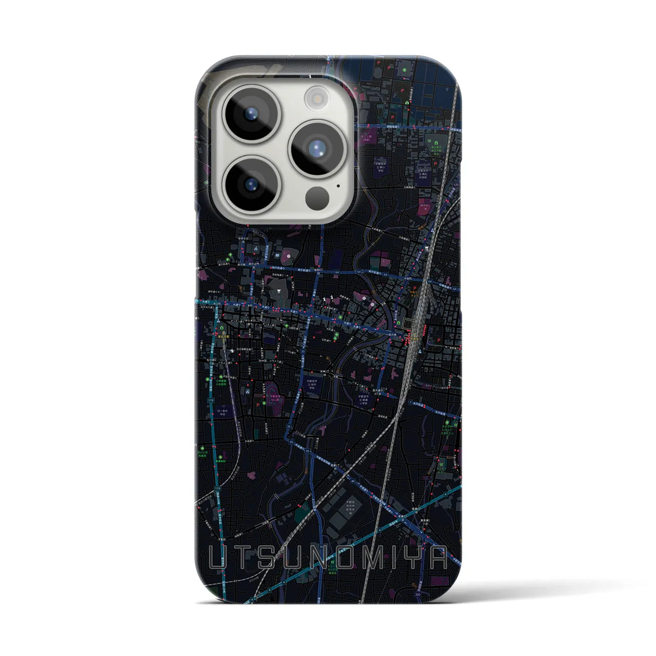 【宇都宮】地図柄iPhoneケース（バックカバータイプ・ブラック）iPhone 15 Pro 用