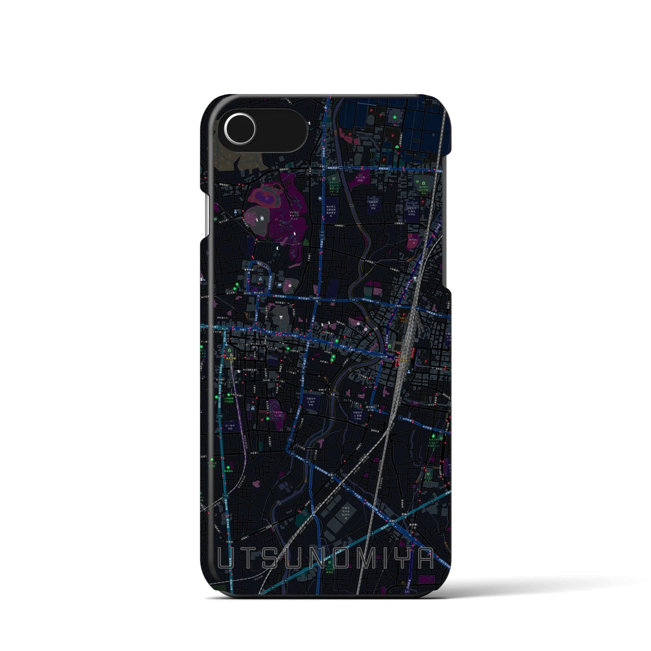 【宇都宮】地図柄iPhoneケース（バックカバータイプ・ブラック）iPhone SE（第3 / 第2世代） / 8 / 7 / 6s / 6 用