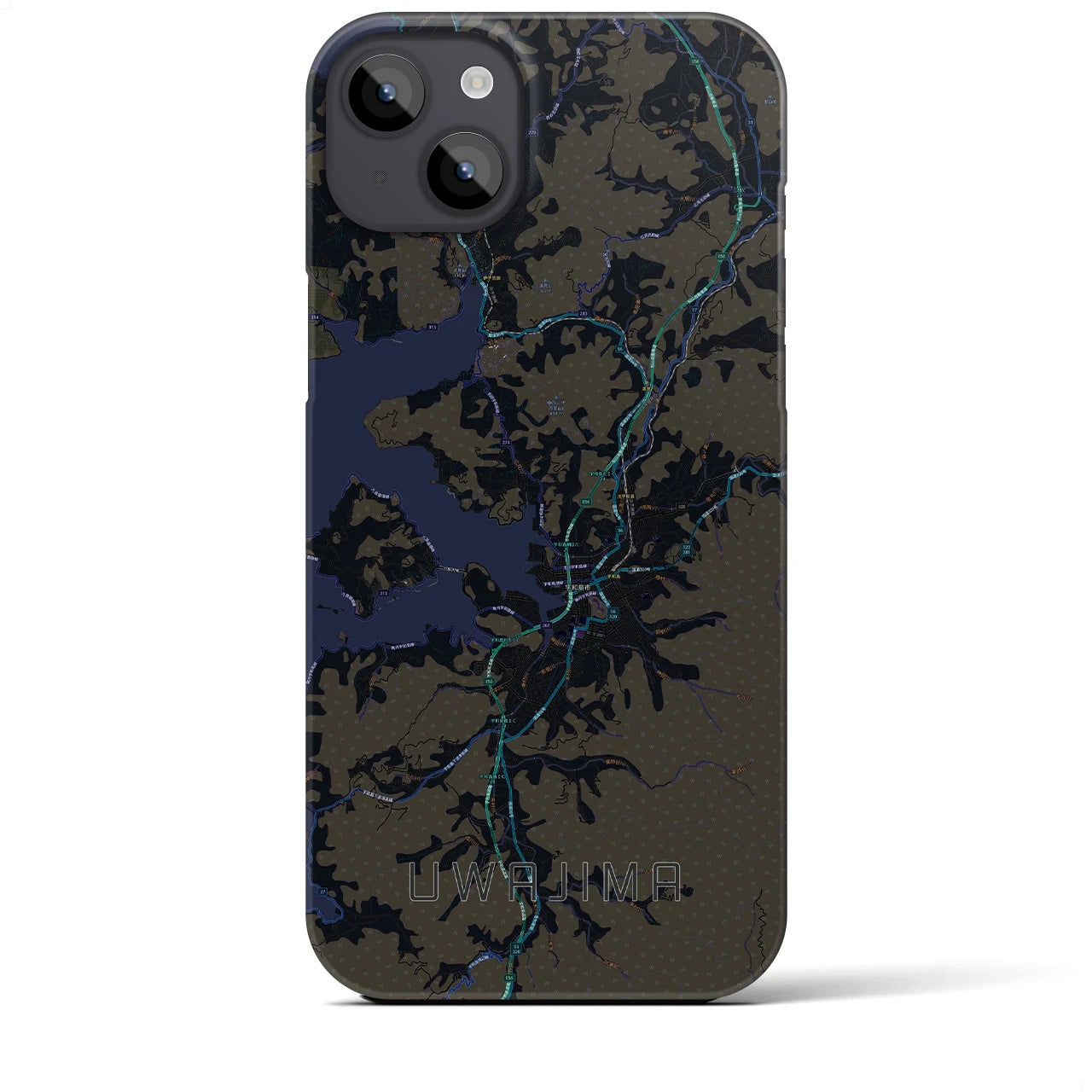 【宇和島】地図柄iPhoneケース（バックカバータイプ・ブラック）iPhone 14 Plus 用
