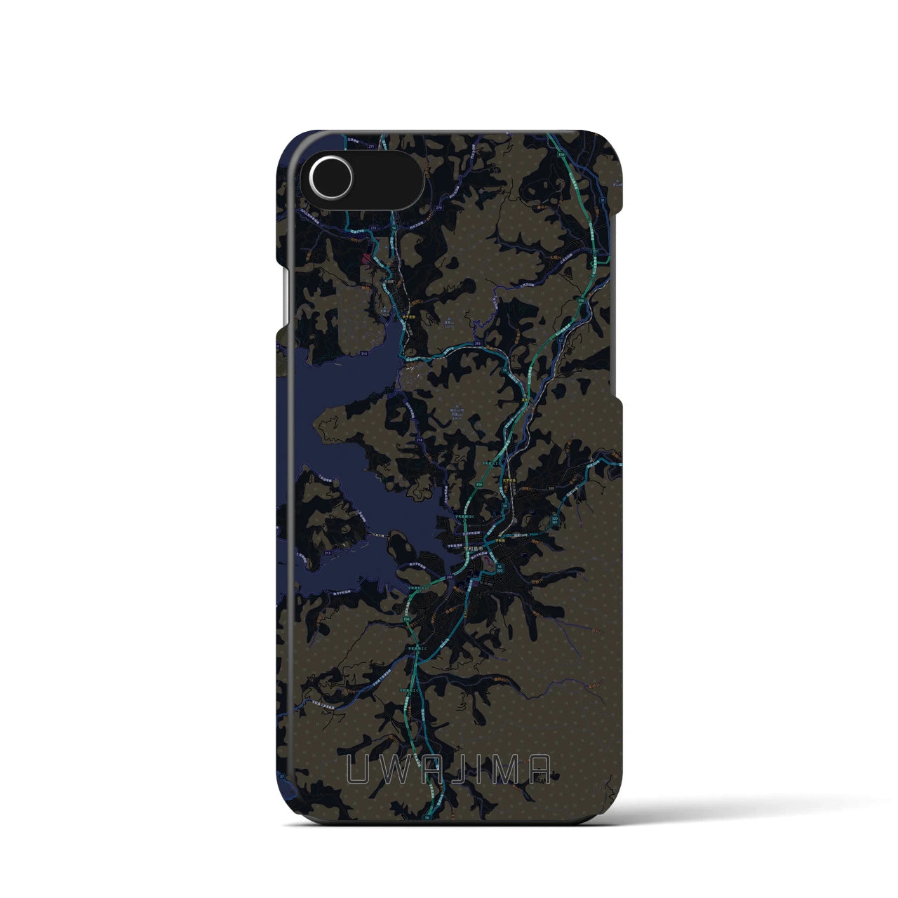 【宇和島】地図柄iPhoneケース（バックカバータイプ・ブラック）iPhone SE（第3 / 第2世代） / 8 / 7 / 6s / 6 用