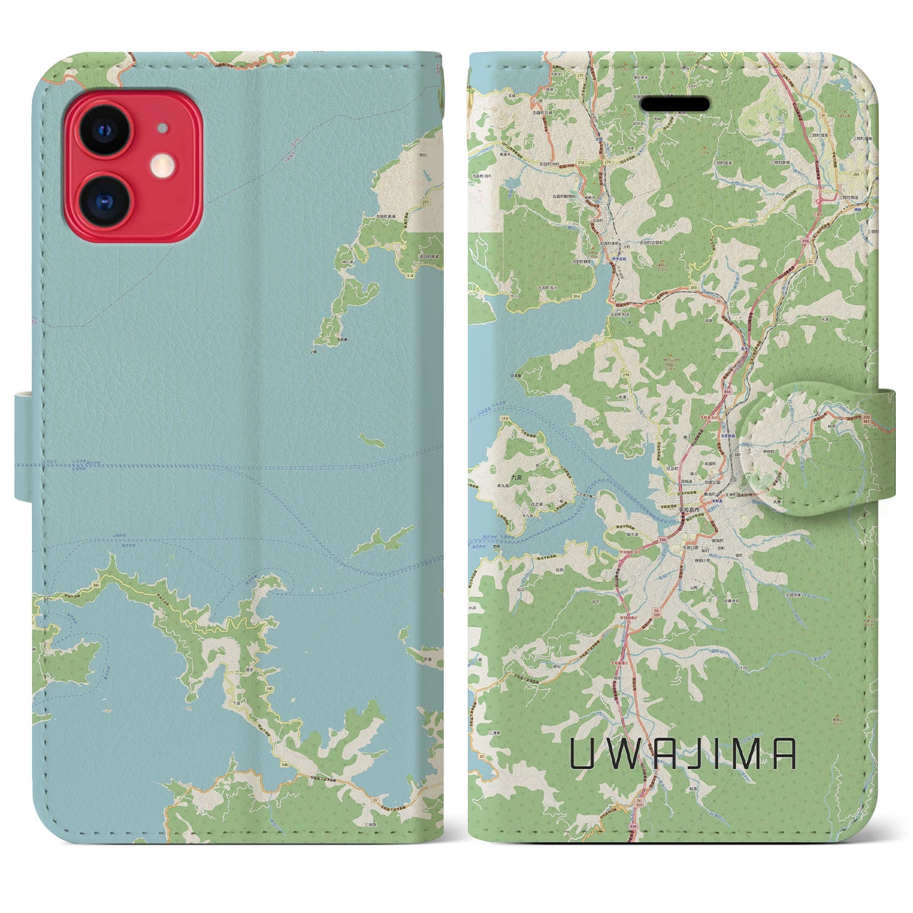 【宇和島】地図柄iPhoneケース（手帳両面タイプ・ナチュラル）iPhone 11 用