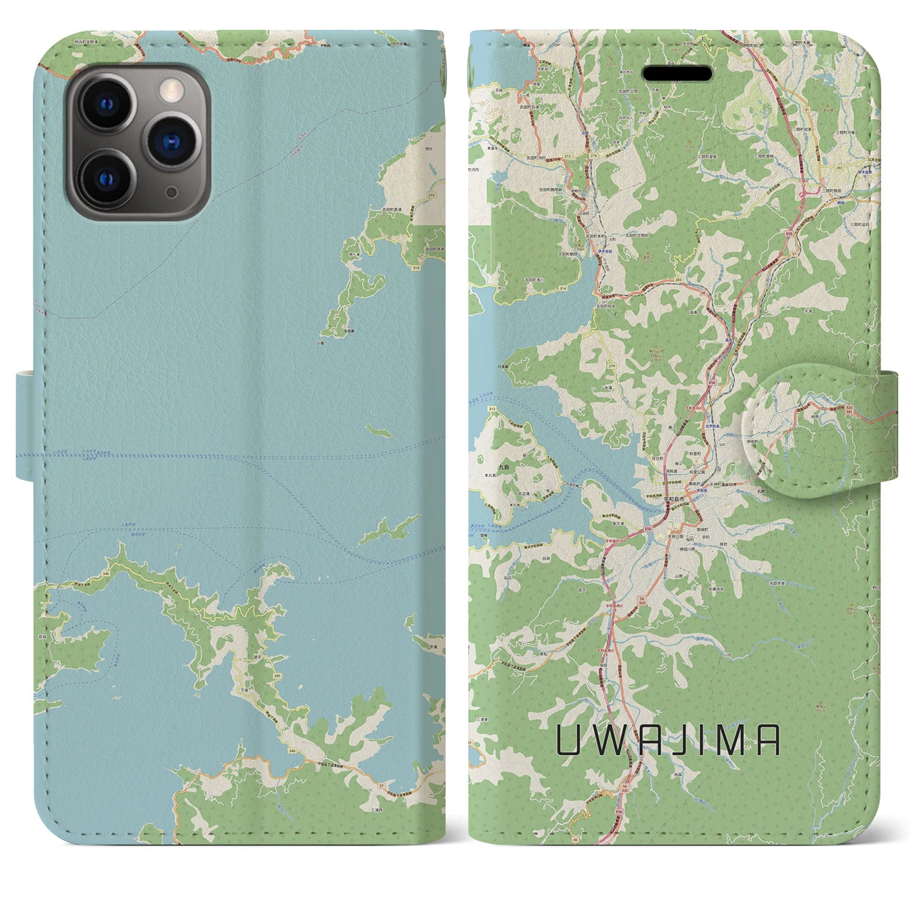 【宇和島】地図柄iPhoneケース（手帳両面タイプ・ナチュラル）iPhone 11 Pro Max 用