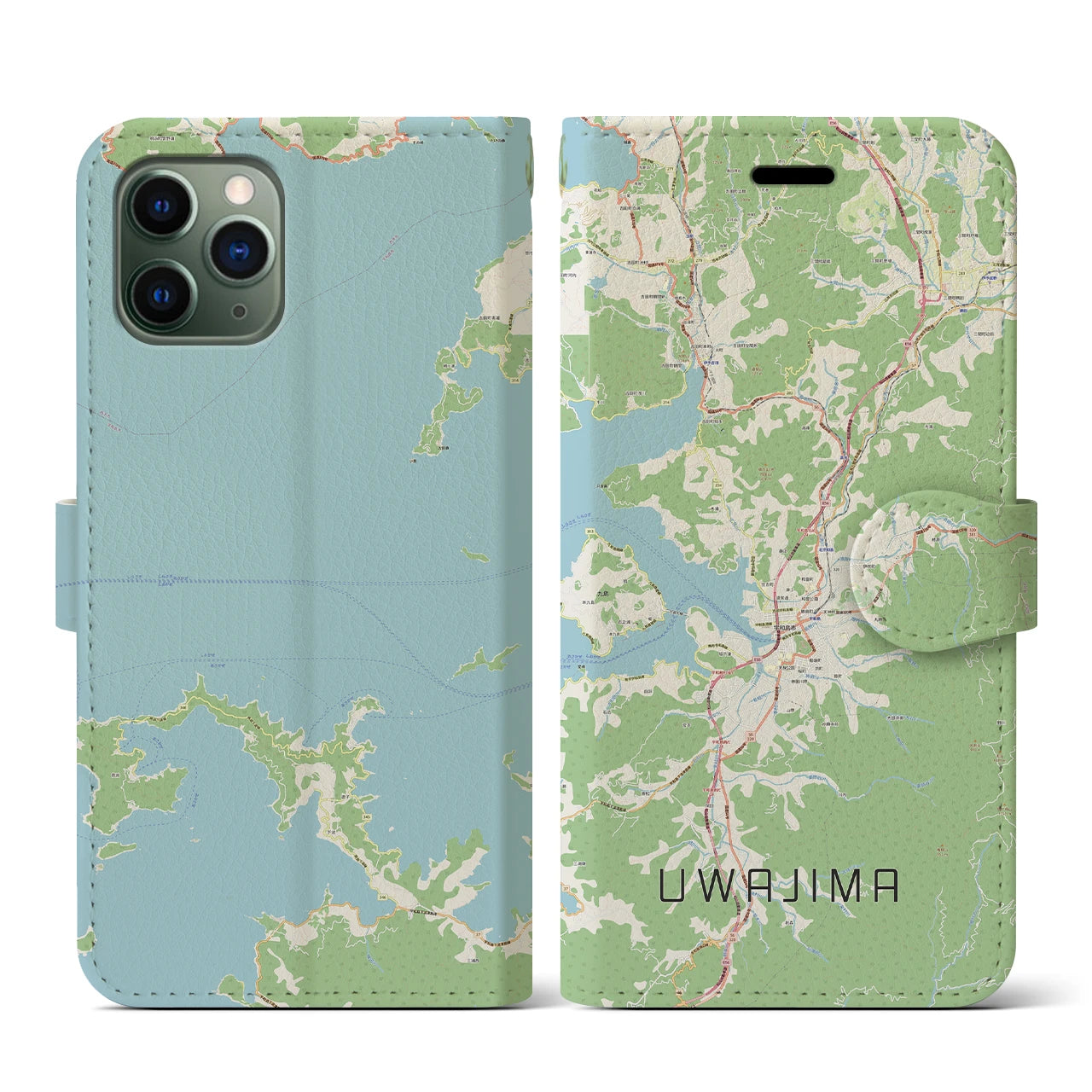 【宇和島】地図柄iPhoneケース（手帳両面タイプ・ナチュラル）iPhone 11 Pro 用