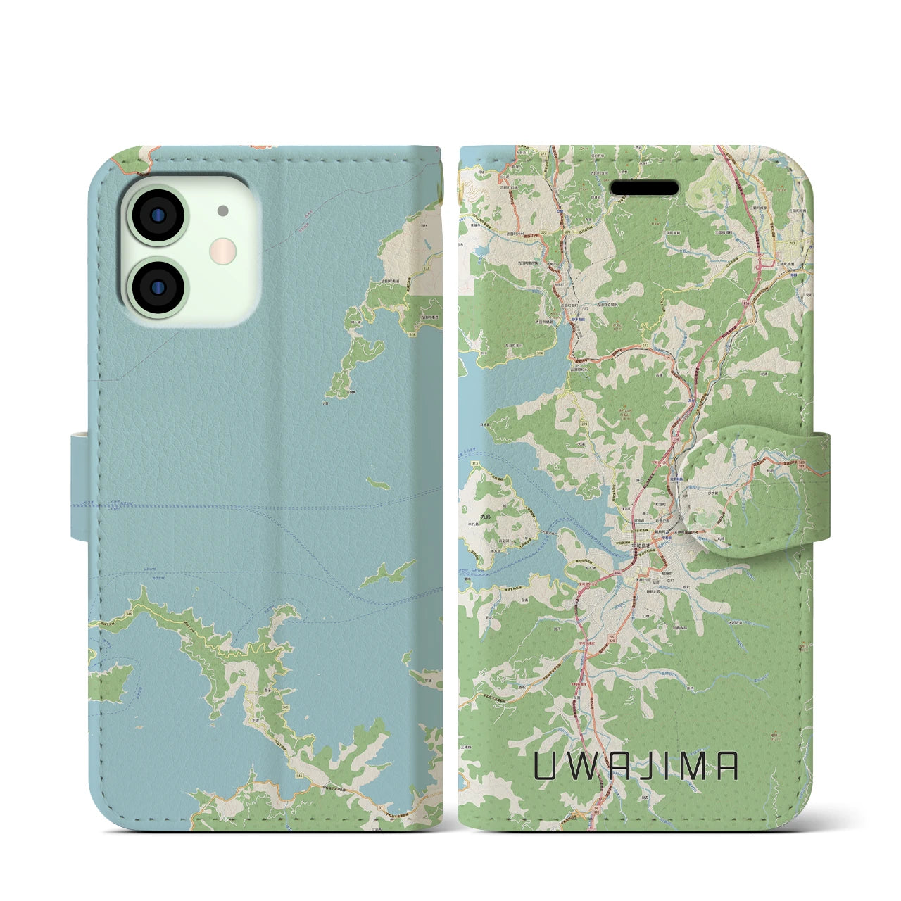 【宇和島】地図柄iPhoneケース（手帳両面タイプ・ナチュラル）iPhone 12 mini 用