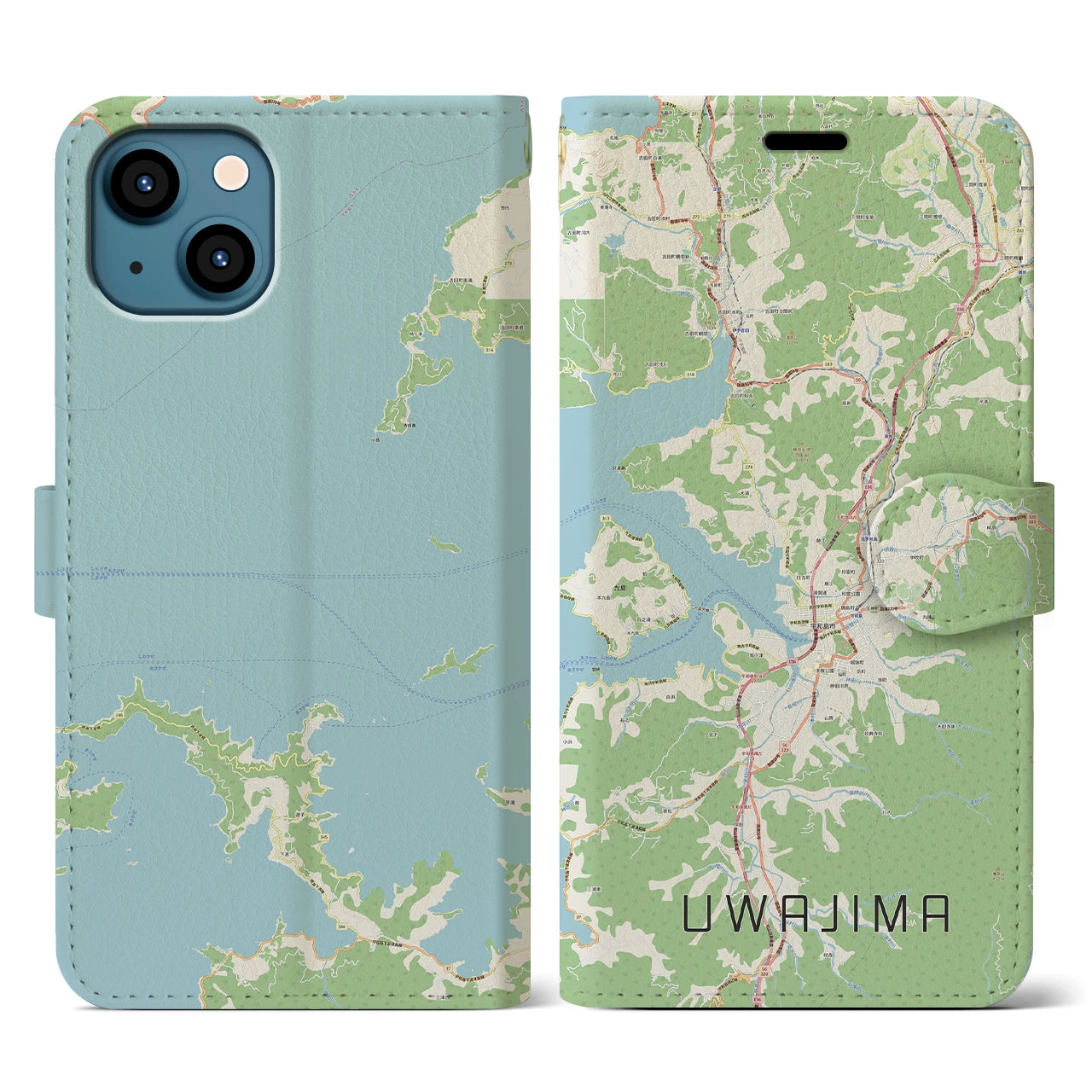 【宇和島】地図柄iPhoneケース（手帳両面タイプ・ナチュラル）iPhone 13 用