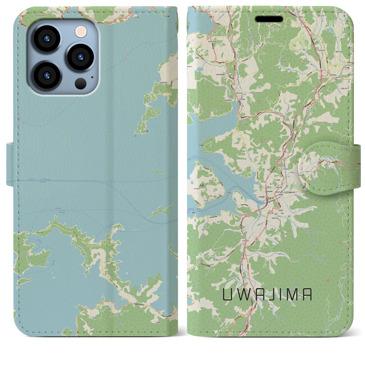 【宇和島】地図柄iPhoneケース（手帳両面タイプ・ナチュラル）iPhone 13 Pro Max 用