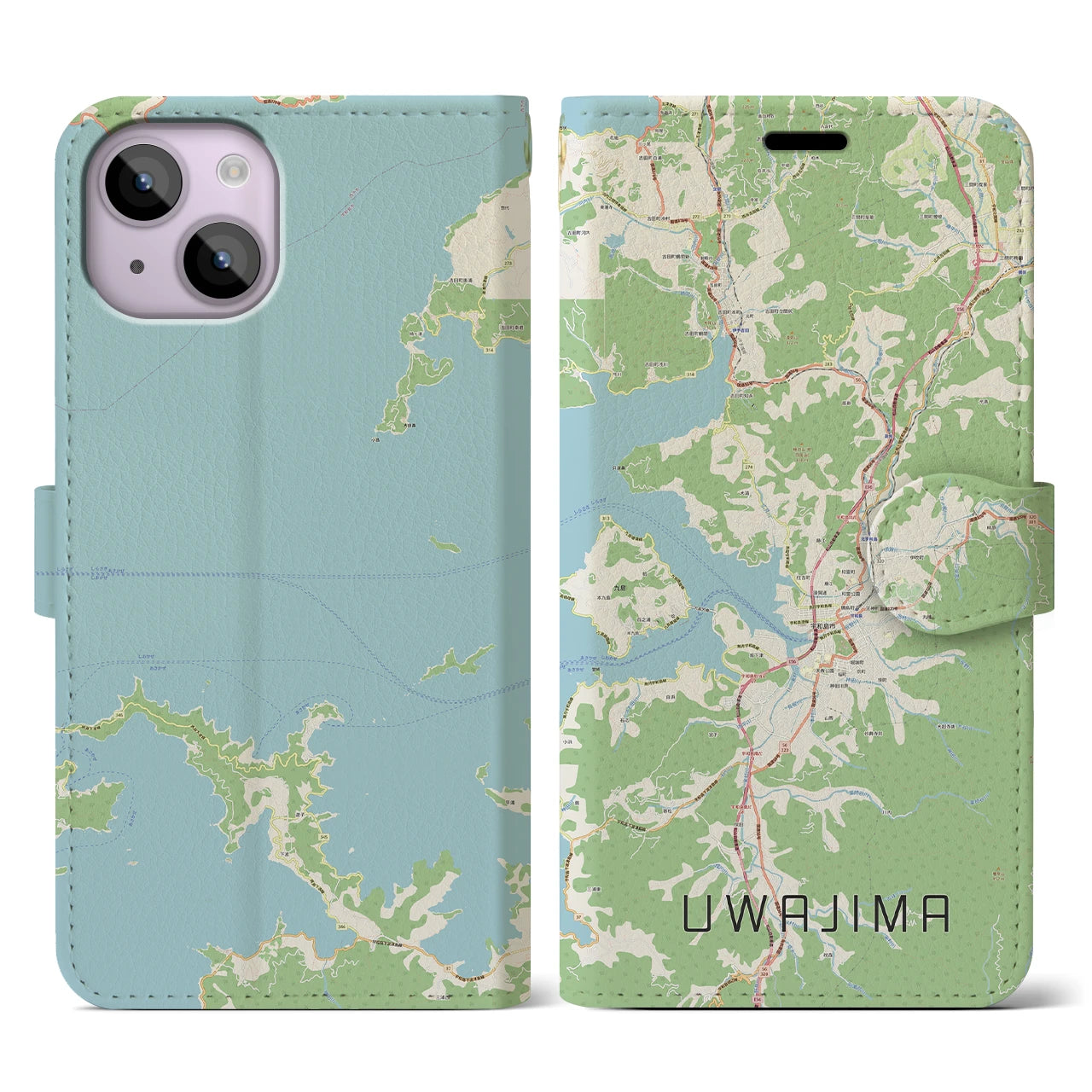 【宇和島】地図柄iPhoneケース（手帳両面タイプ・ナチュラル）iPhone 14 用
