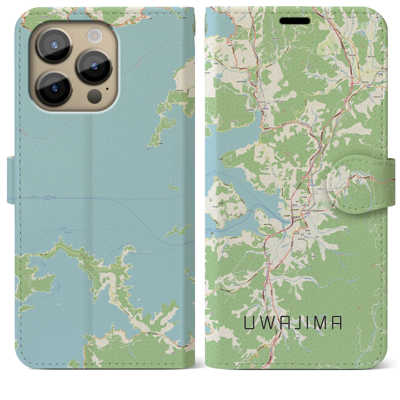 【宇和島】地図柄iPhoneケース（手帳両面タイプ・ナチュラル）iPhone 14 Pro Max 用