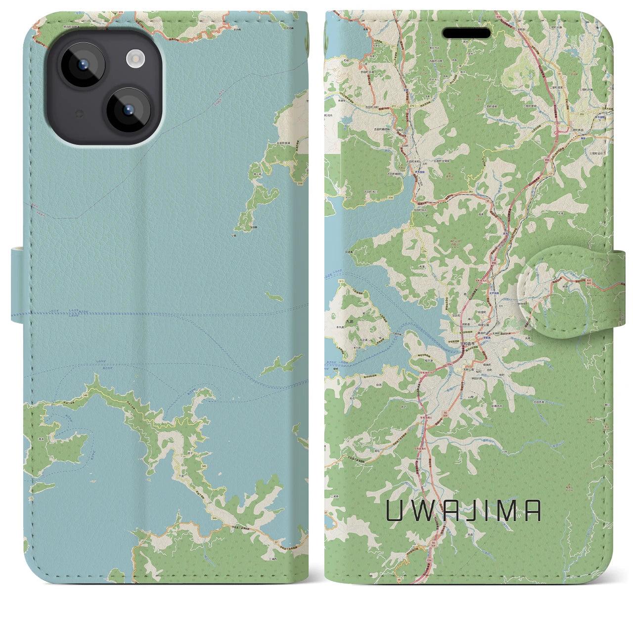 【宇和島】地図柄iPhoneケース（手帳両面タイプ・ナチュラル）iPhone 14 Plus 用