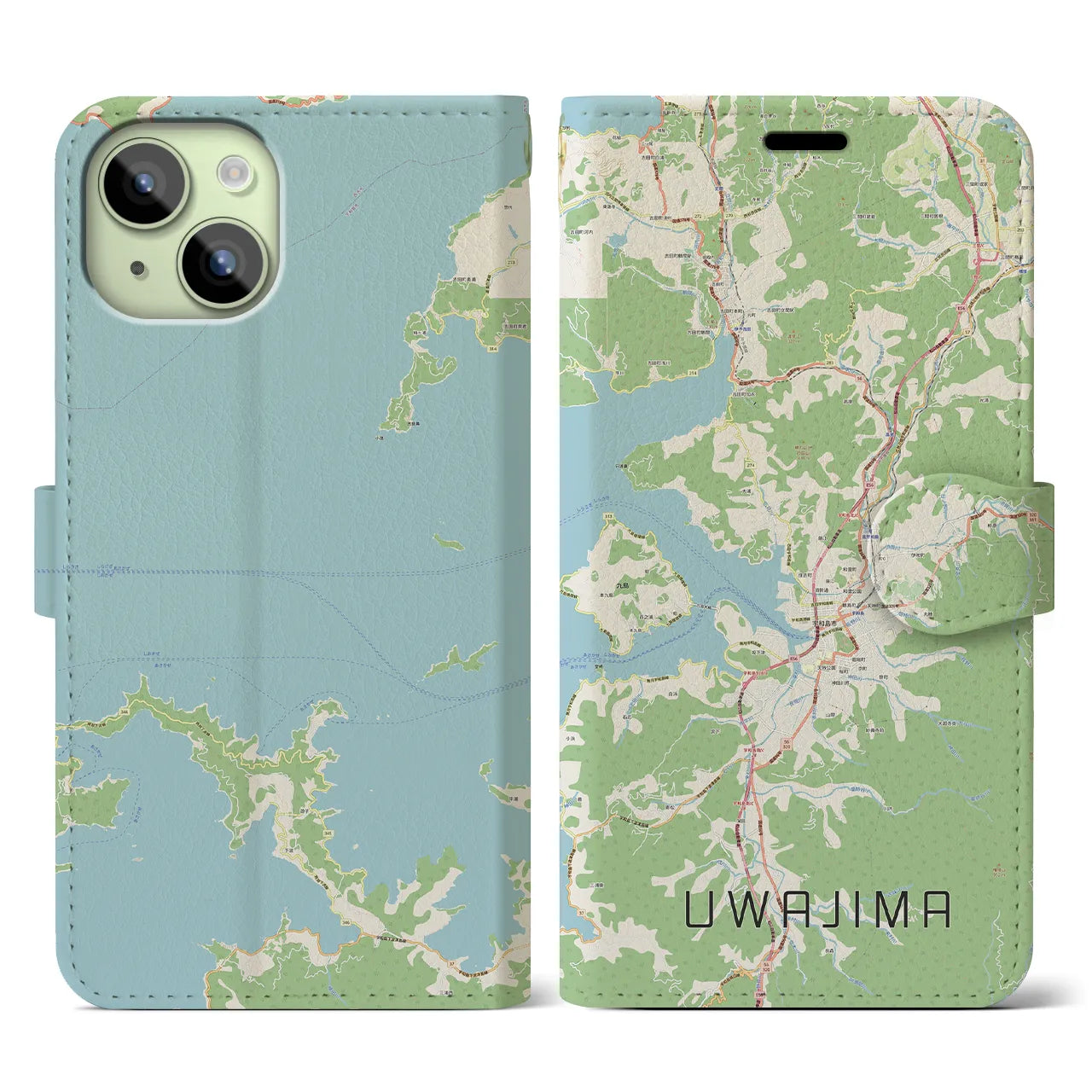 【宇和島】地図柄iPhoneケース（手帳両面タイプ・ナチュラル）iPhone 15 用