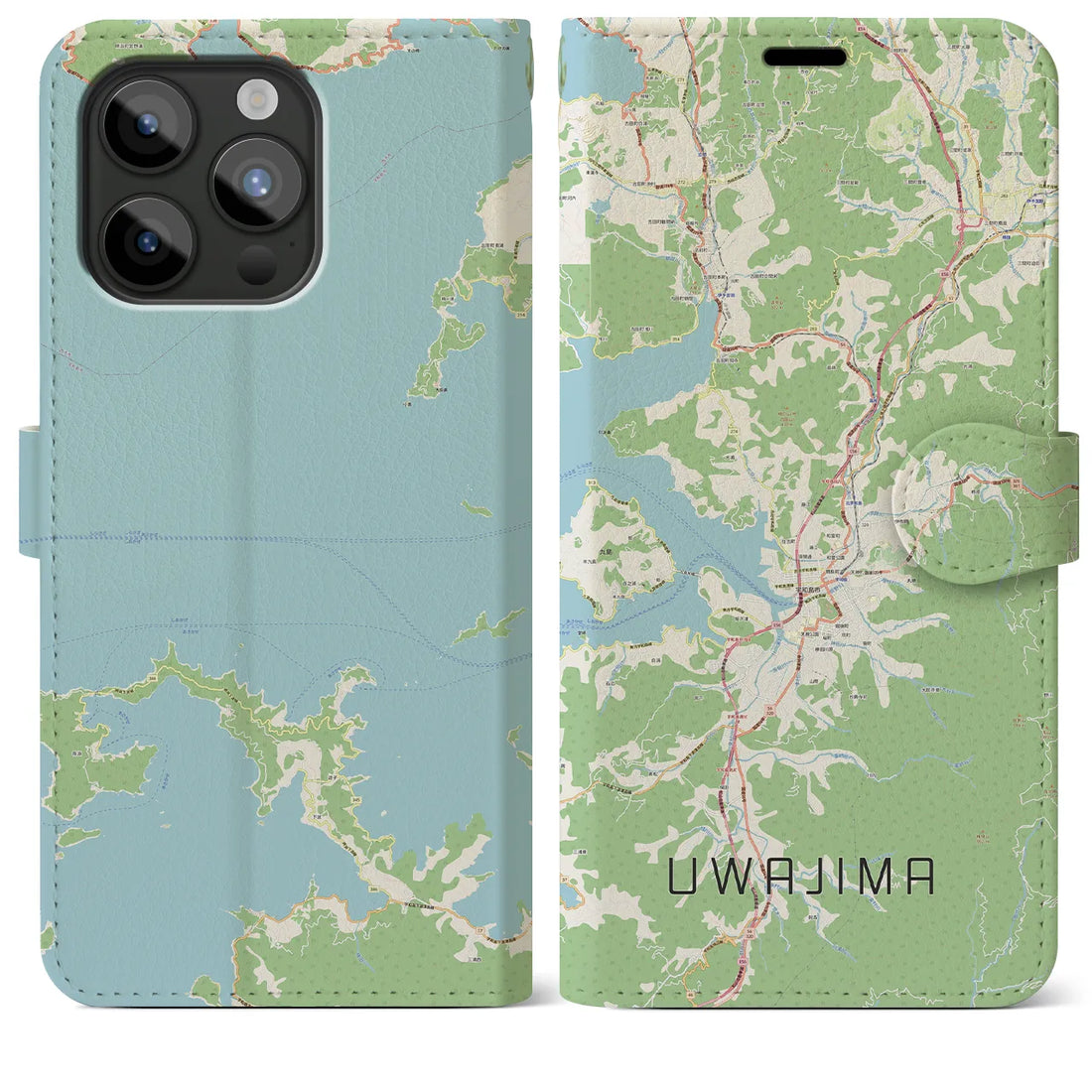 【宇和島】地図柄iPhoneケース（手帳両面タイプ・ナチュラル）iPhone 15 Pro Max 用