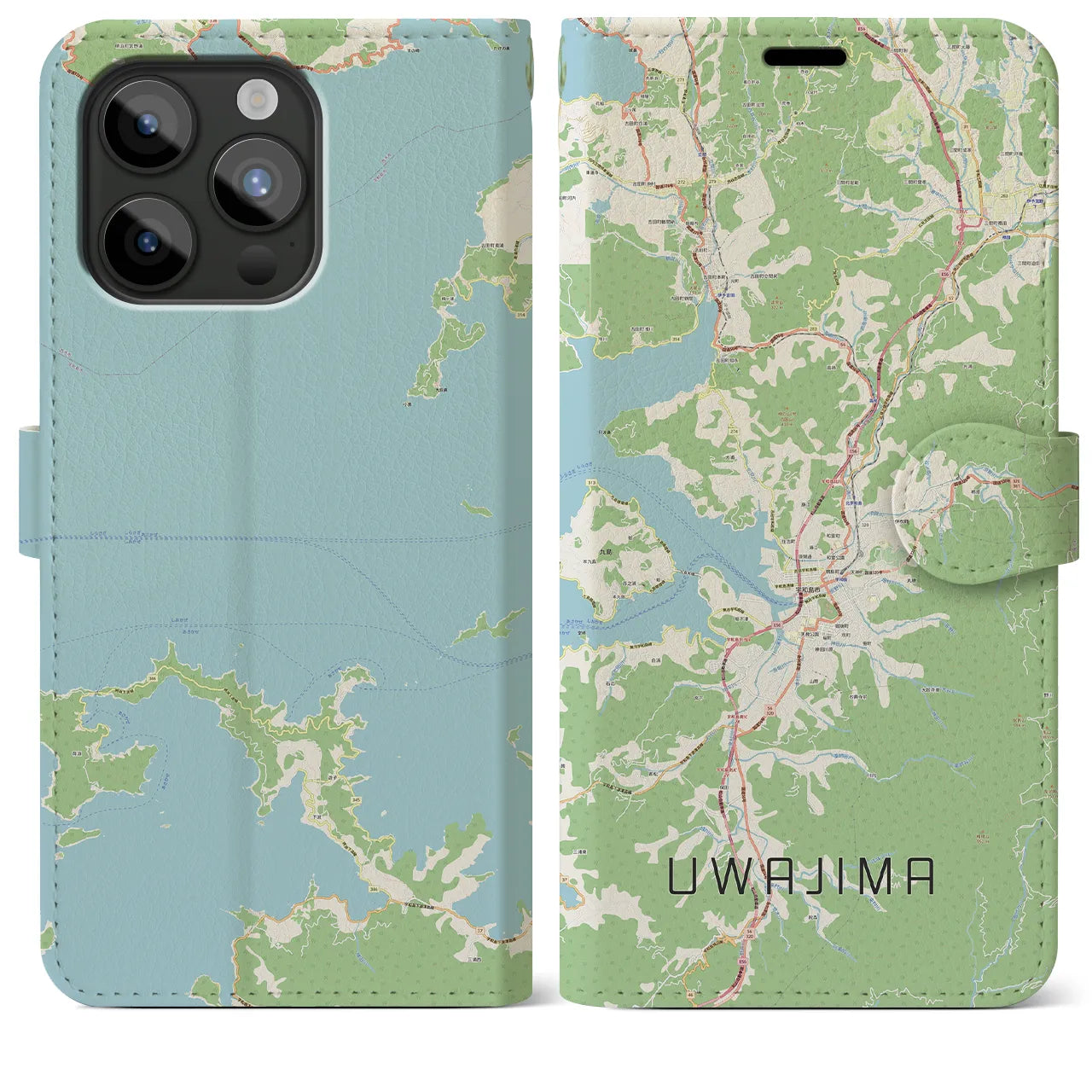 【宇和島】地図柄iPhoneケース（手帳両面タイプ・ナチュラル）iPhone 15 Pro Max 用