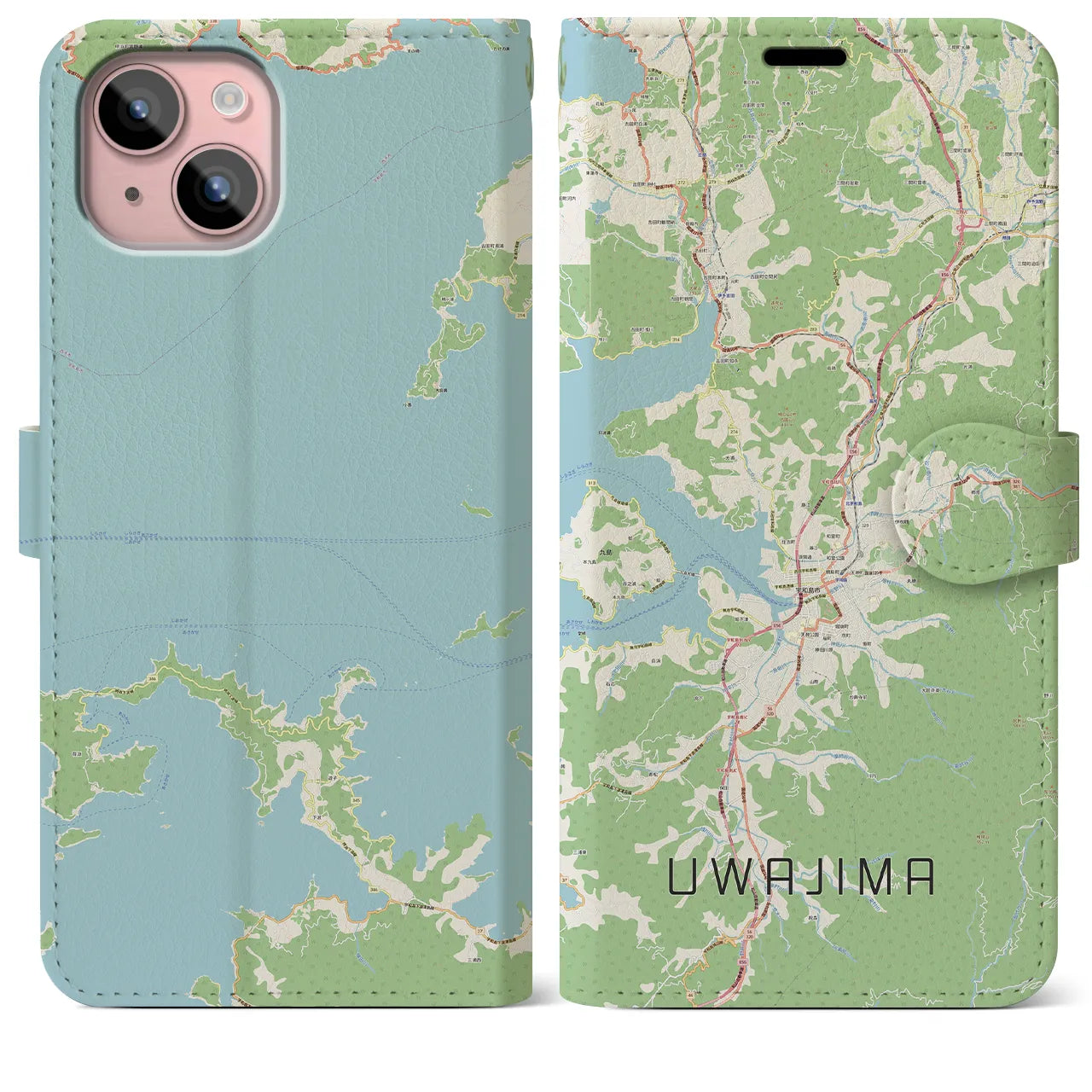 【宇和島】地図柄iPhoneケース（手帳両面タイプ・ナチュラル）iPhone 15 Plus 用