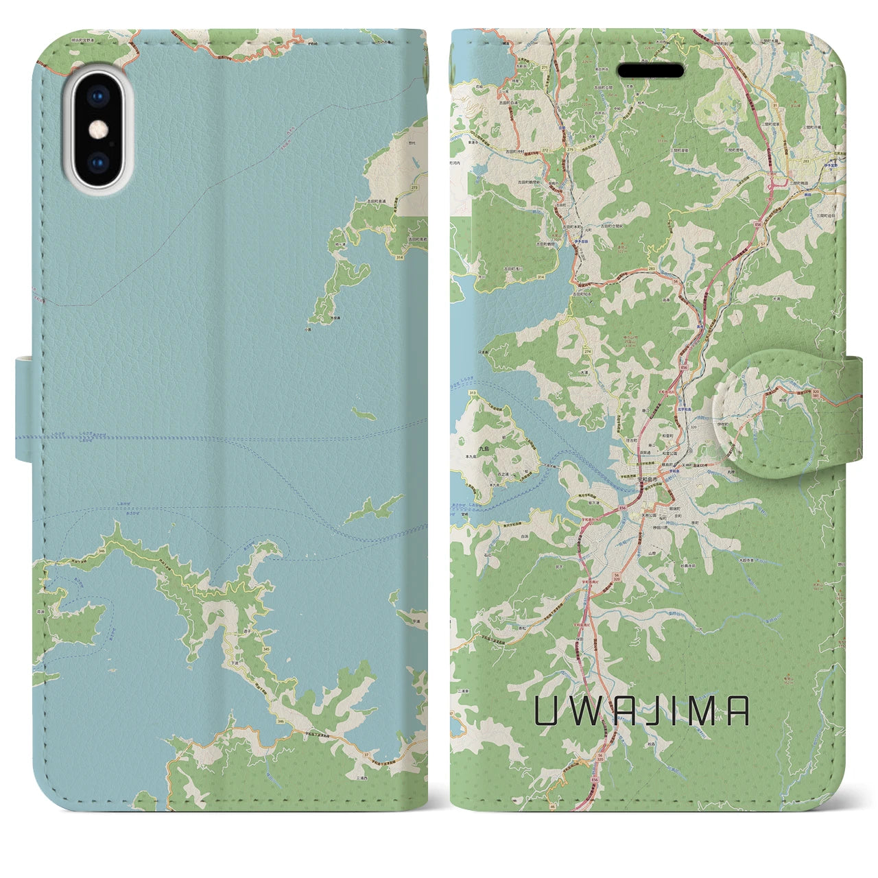 【宇和島】地図柄iPhoneケース（手帳両面タイプ・ナチュラル）iPhone XS Max 用