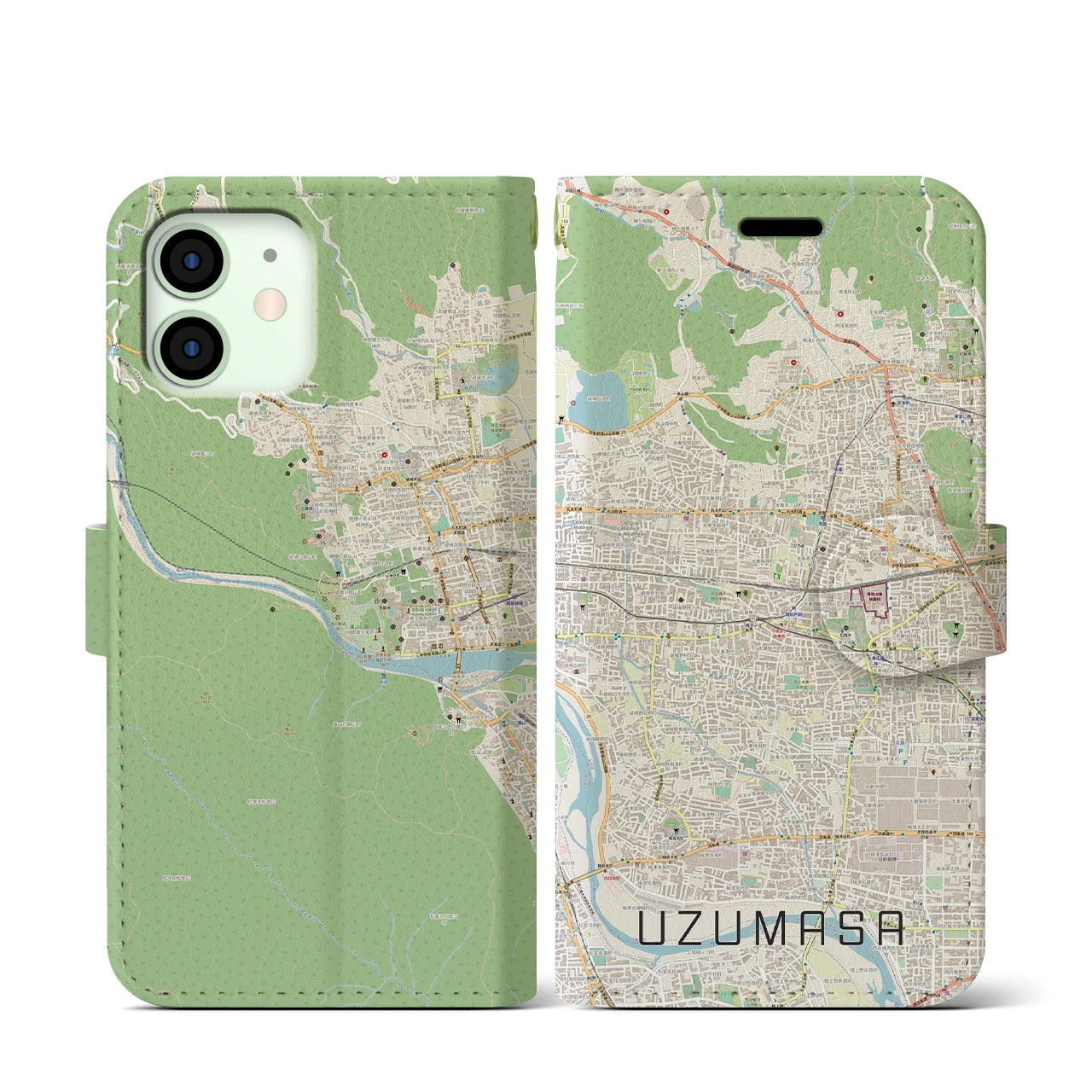 【太秦】地図柄iPhoneケース（手帳両面タイプ・ナチュラル）iPhone 12 mini 用
