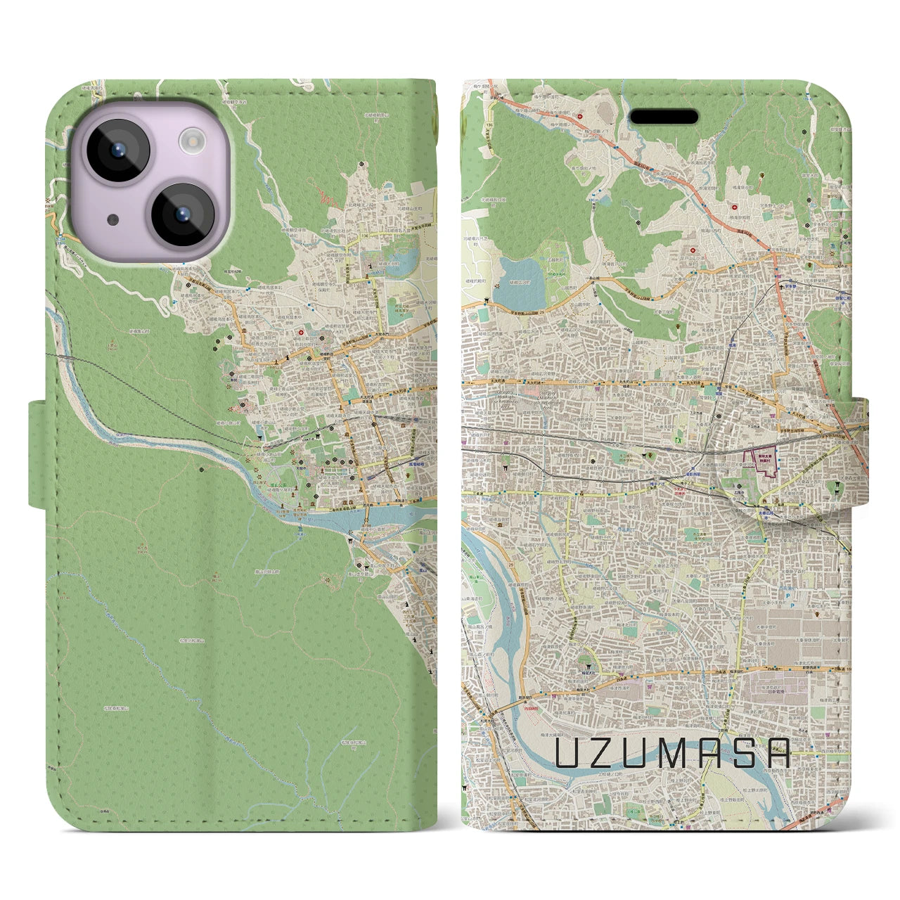 【太秦】地図柄iPhoneケース（手帳両面タイプ・ナチュラル）iPhone 14 用