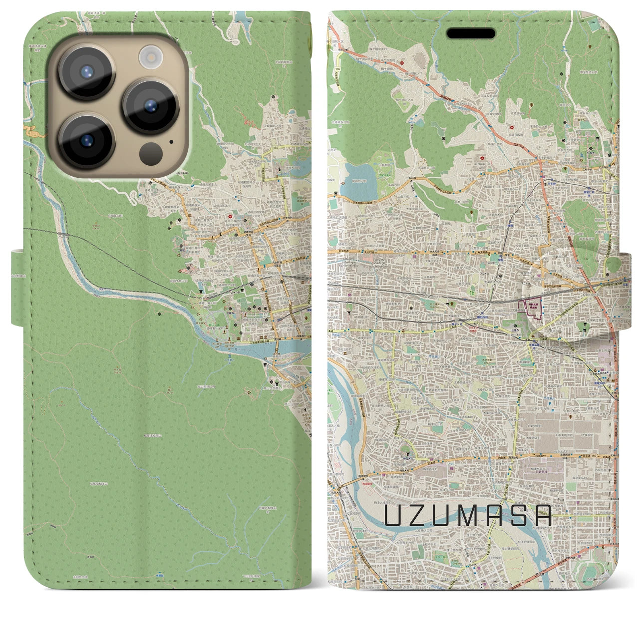 【太秦】地図柄iPhoneケース（手帳両面タイプ・ナチュラル）iPhone 14 Pro Max 用