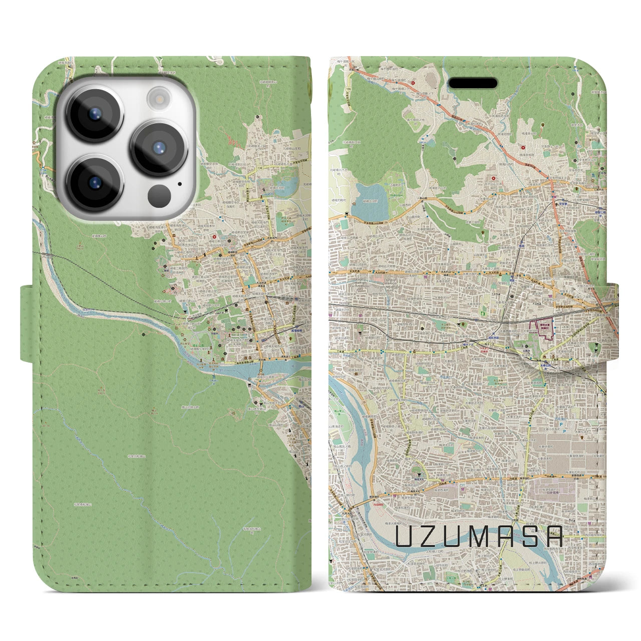 【太秦】地図柄iPhoneケース（手帳両面タイプ・ナチュラル）iPhone 14 Pro 用