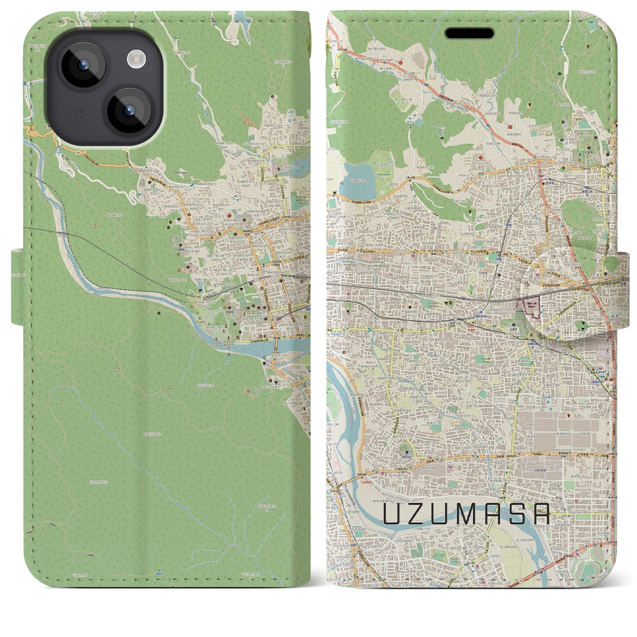 【太秦】地図柄iPhoneケース（手帳両面タイプ・ナチュラル）iPhone 14 Plus 用