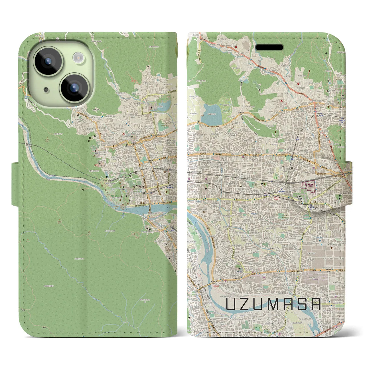 【太秦】地図柄iPhoneケース（手帳両面タイプ・ナチュラル）iPhone 15 用