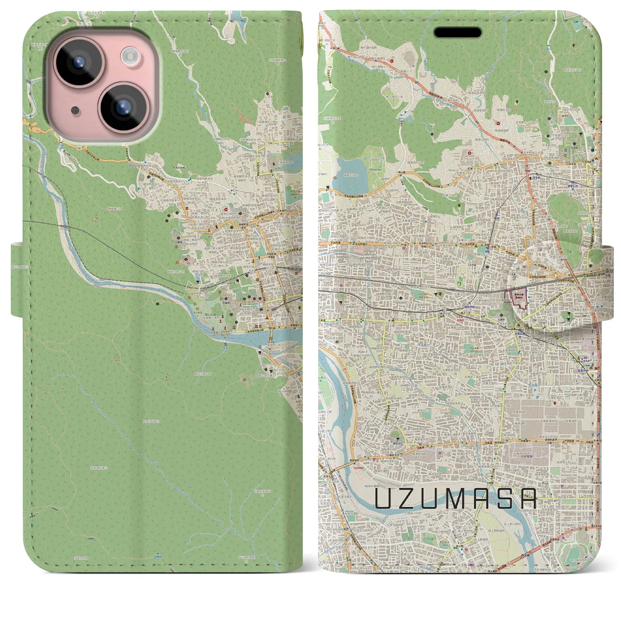 【太秦】地図柄iPhoneケース（手帳両面タイプ・ナチュラル）iPhone 15 Plus 用